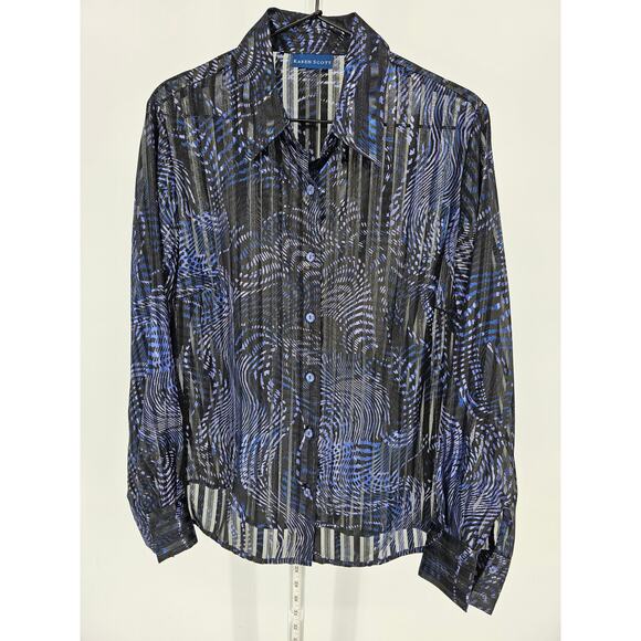 Karen Scott Womens Sz L Long Sleeve Blouse Black Purple Semi Sheer - Picture 1 of 4